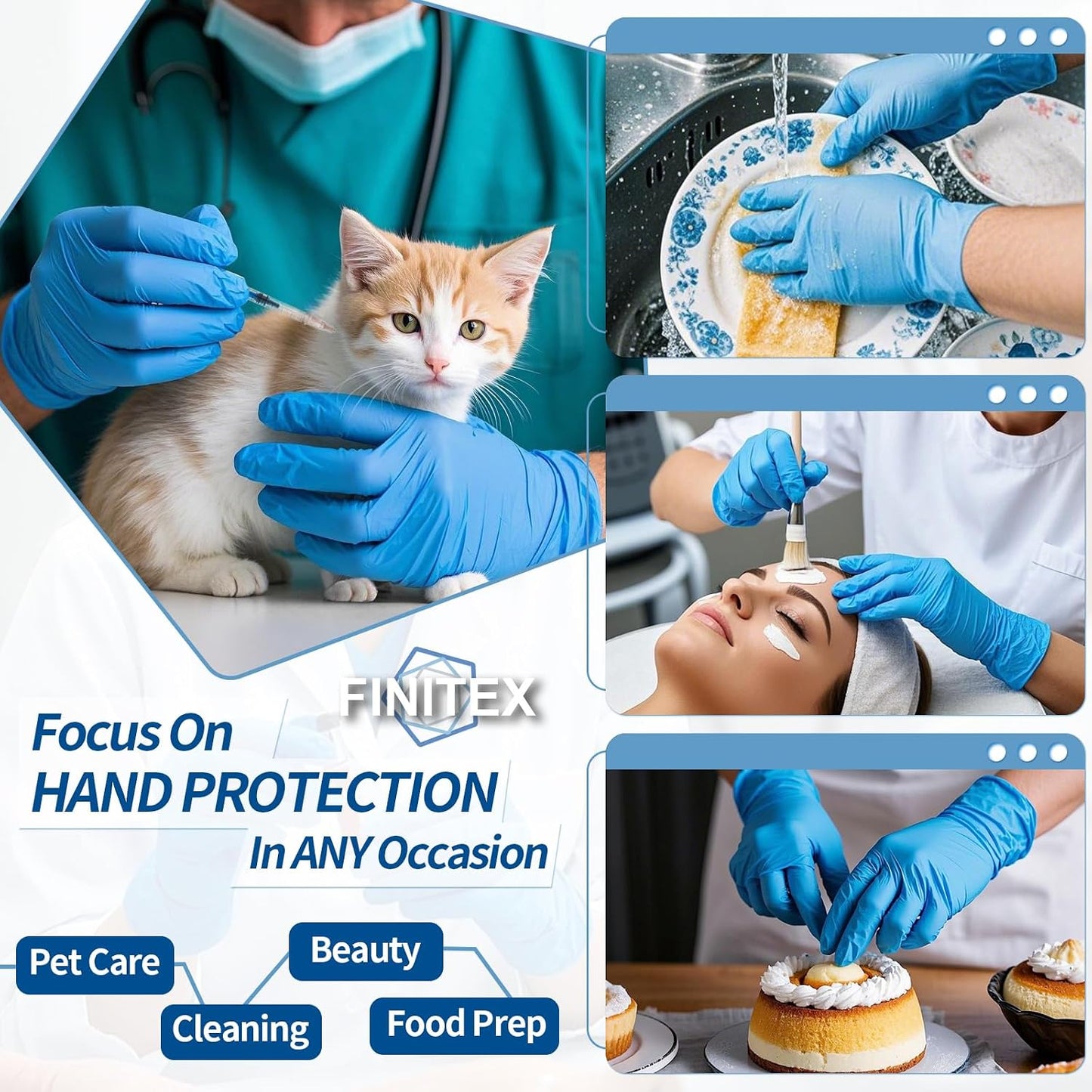 FINITEX Blue Disposable Nitrile Exam Gloves - 200 PCS/BOX 3.5mil Rubber Powder-Free Latex-Free Medical Cleaning Food Gloves