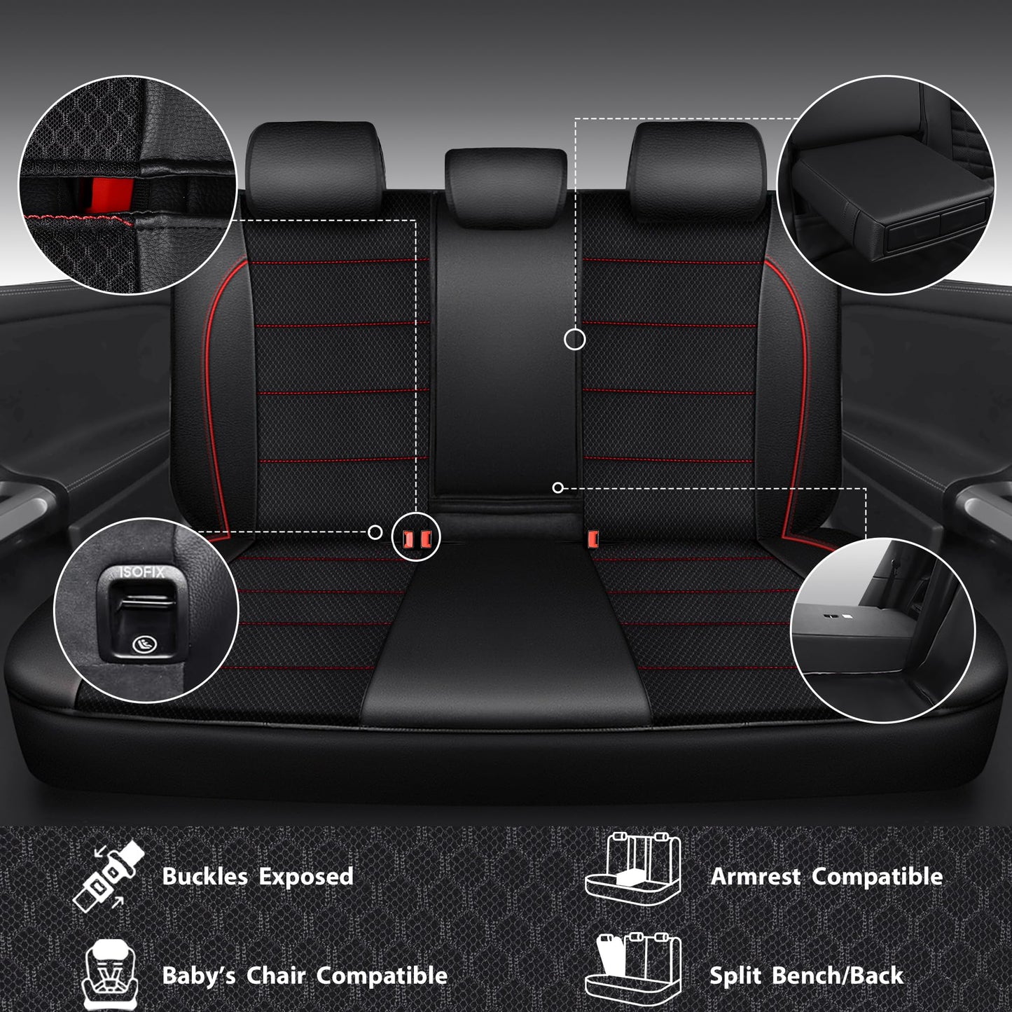 CAR PASS Universal FIT Piping Leather Car Seat Cover, for suvs,Van,Trucks,Airbag Compatible,Inside Zipper Design and Reserved Opening Holes (Full Set, Black and Red)