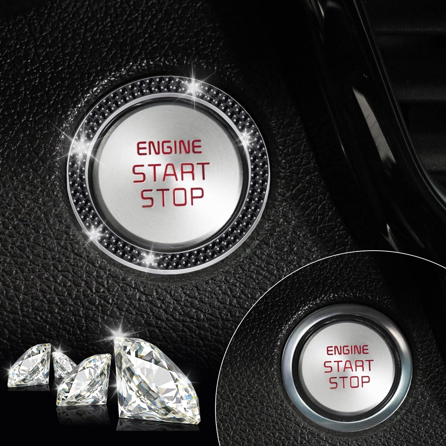LivTee 2 PCS Crystal Double Rhinestone Car Engine Start Stop Decoration Ring, Bling Car Interior Accessories for Women, Push to Start Button Cover Sticker, Automotive Decals, Light Green