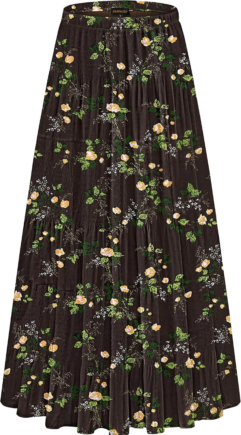 NASHALYLY Women's Chiffon Elastic High Waist Pleated A-Line Maxi Skirts