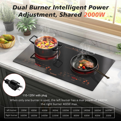 2 Burner Electric Cooktop 110V, 2000W, 24" Countertop & Built-in