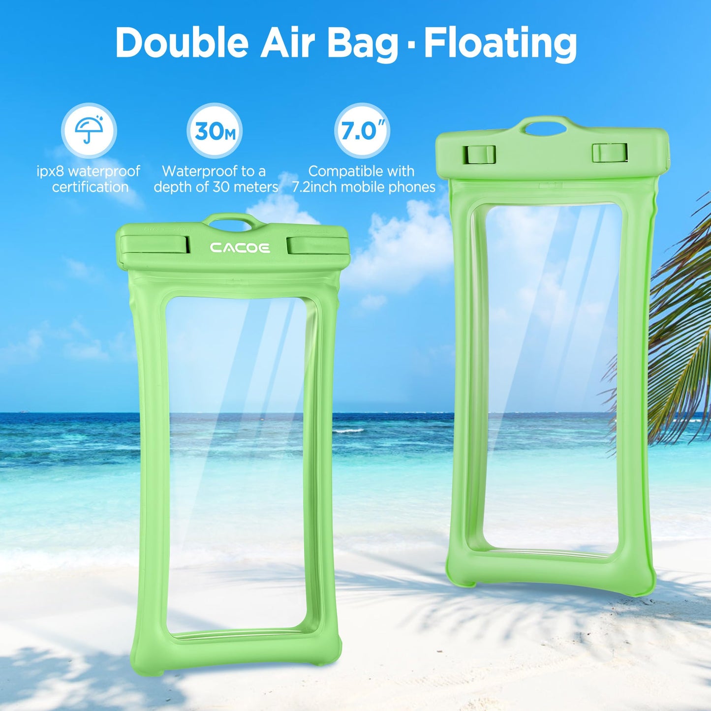 CACOE Floatable Waterproof Phone Pouch 2 Pack Up to 7.0",White+Blue