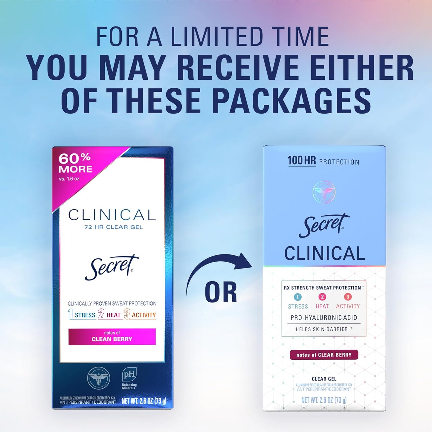 Secret Clinical Strength 100HR Sweat & Odor, Clear Gel Antiperspirant Deodorant for Women, 3X Stress Protection with Hyaluronic Acid, PH Balancing Minerals, Clear Lavender Scent, 2.6 oz