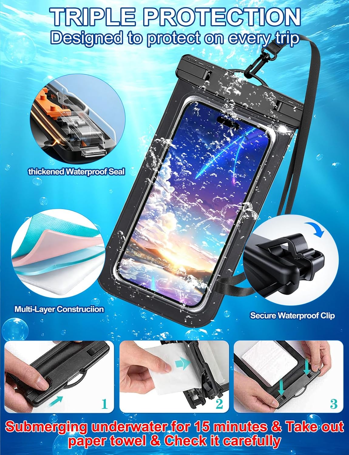Waterproof Phone Pouch,2 Pack Black White Phone Waterproof Case,Cell Phone Dry Bag,Protection Level: IP68,Beach Cruise for Apple iPhone,Samsung,and More,Lanyard Included,(Fits Up to 8.3”),Black,White
