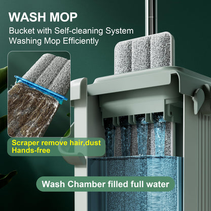 JOYMOOP Wall Mop and Bucket Set, Hands-Free Flat Floor Mop with 3 Washable Microfiber Pads, Wet and Dry Use, Ideal for Home and Commercial Floor Cleaning