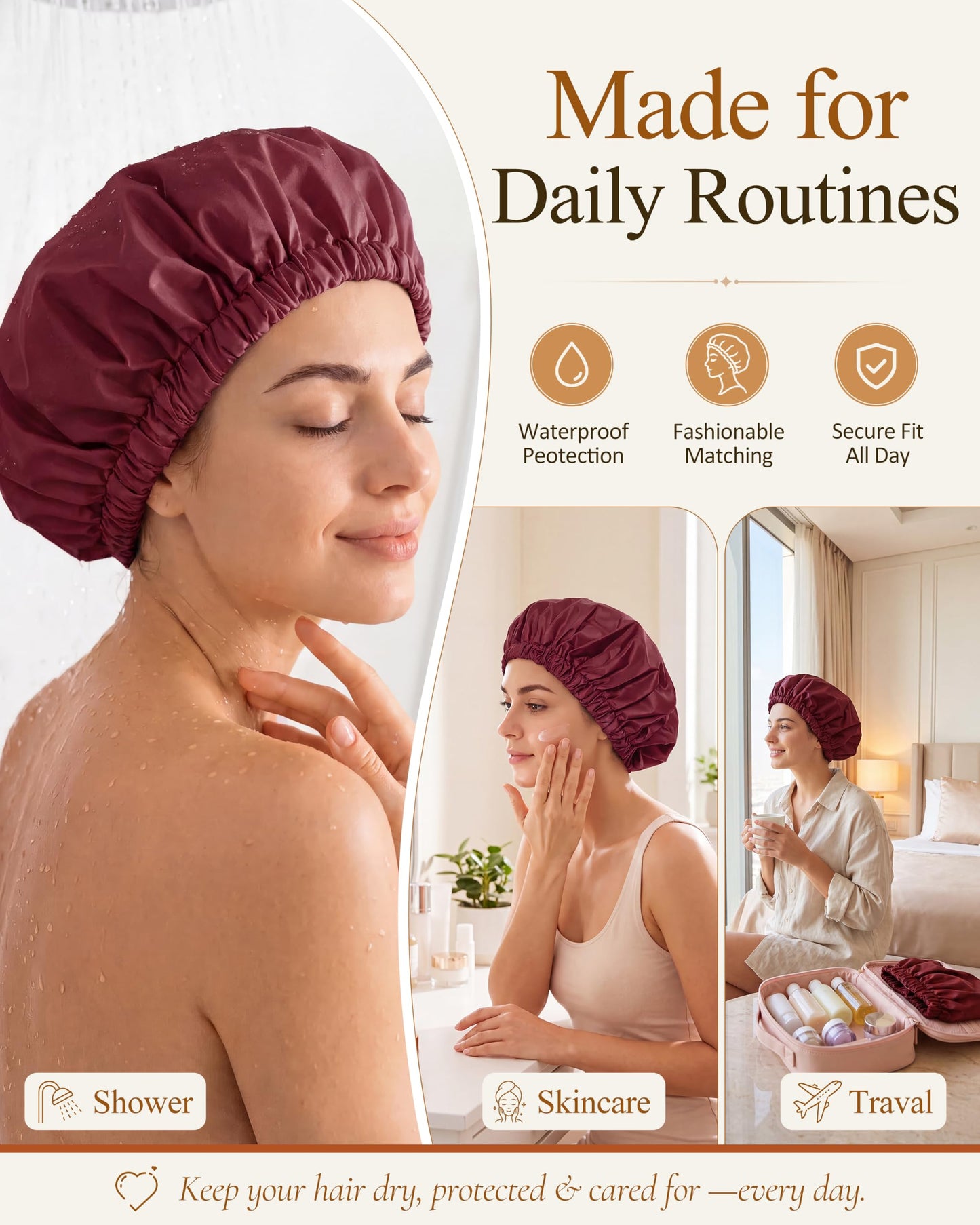 Edoneery Shower Caps for Women Reusable Waterproof, Shower Hair Cap
