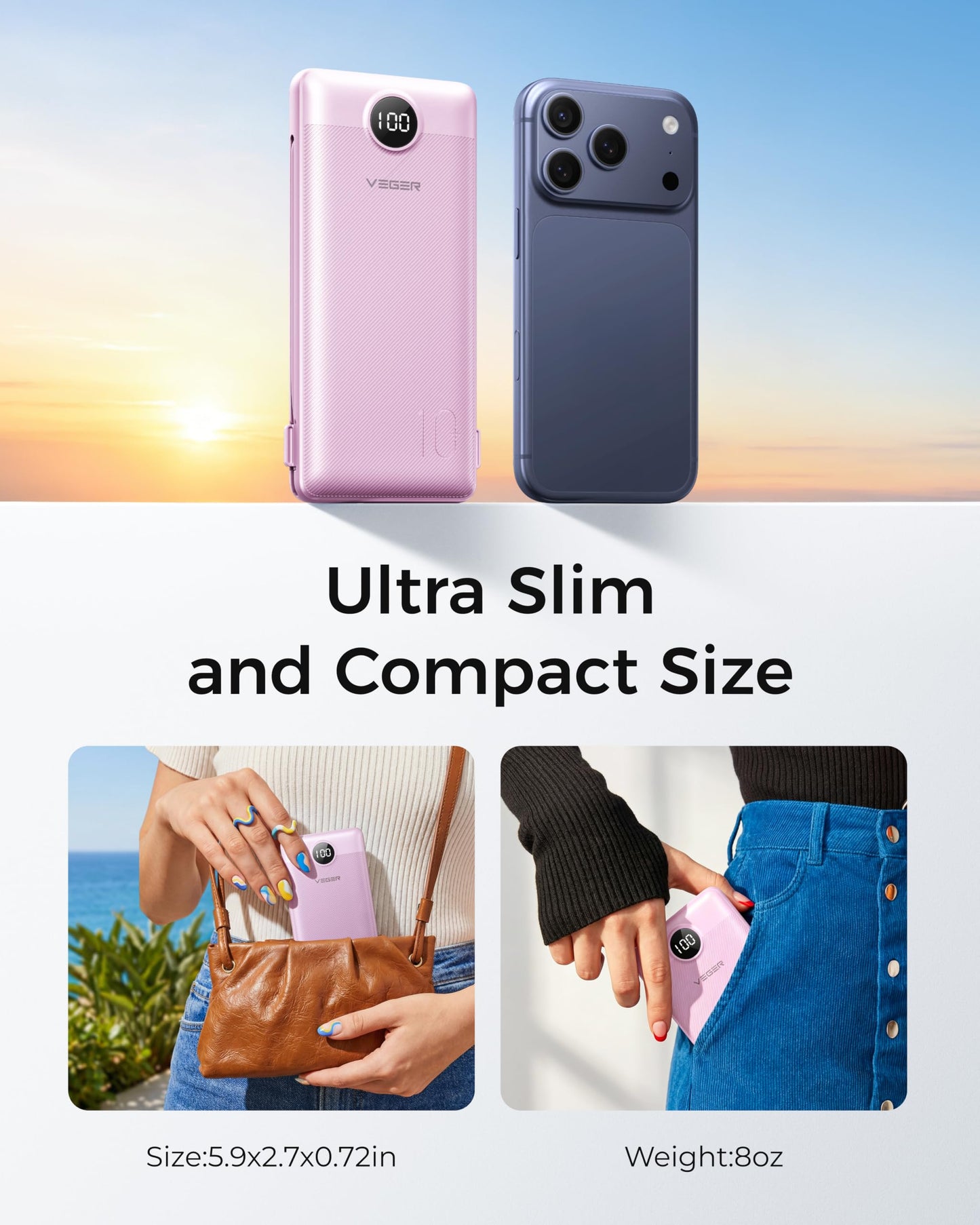 VEGER Portable Charger for iPhone, Power Bank Built in Cables and Wall Plug