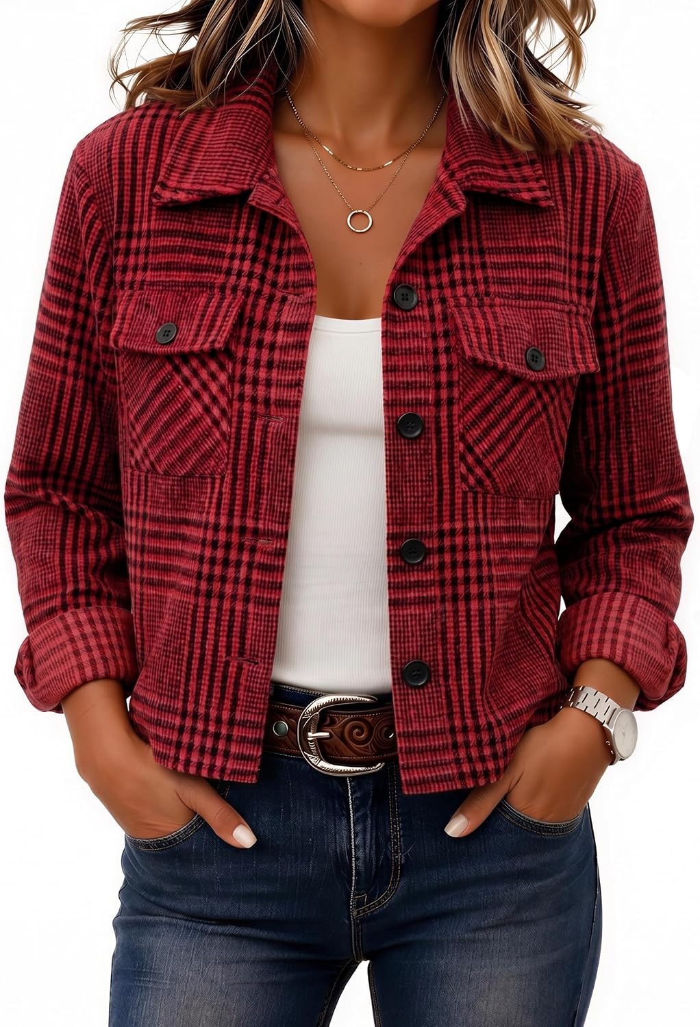 Zeagoo Flannels for Women Cropped Shacket Jacket Fashion Plaid Fall Coat
