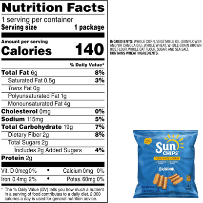 SunChips 100% Whole Grain Chips, Variety Pack, 1 oz Bags, Pack of 40, No Artificial Flavors, Colors