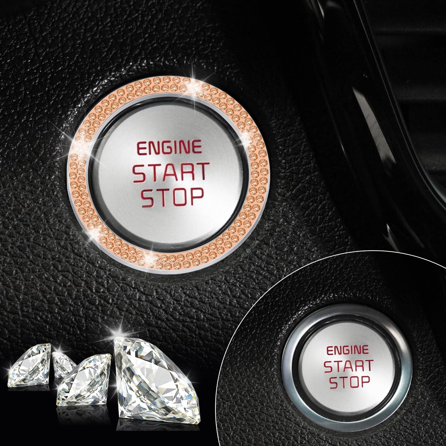 LivTee 2 PCS Crystal Double Rhinestone Car Engine Start Stop Decoration Ring, Bling Car Interior Accessories for Women, Push to Start Button Cover Sticker, Automotive Decals, Light Green