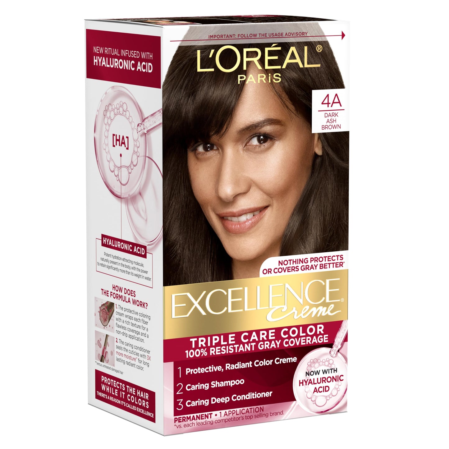L'Oreal Paris Excellence Crème Permanent Hair Dye, Triple Care Hair Color with Hyaluronic Acid for 100% Gray Coverage, 4 Dark Brown, 1 Kit (Packaging May Vary)