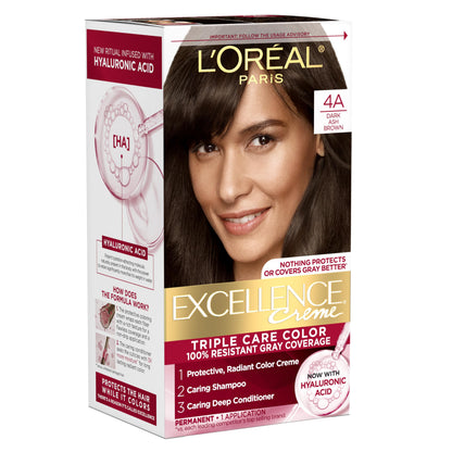 L'Oreal Paris Excellence Crème Permanent Hair Dye, Triple Care Hair Color with Hyaluronic Acid for 100% Gray Coverage, 4 Dark Brown, 1 Kit (Packaging May Vary)