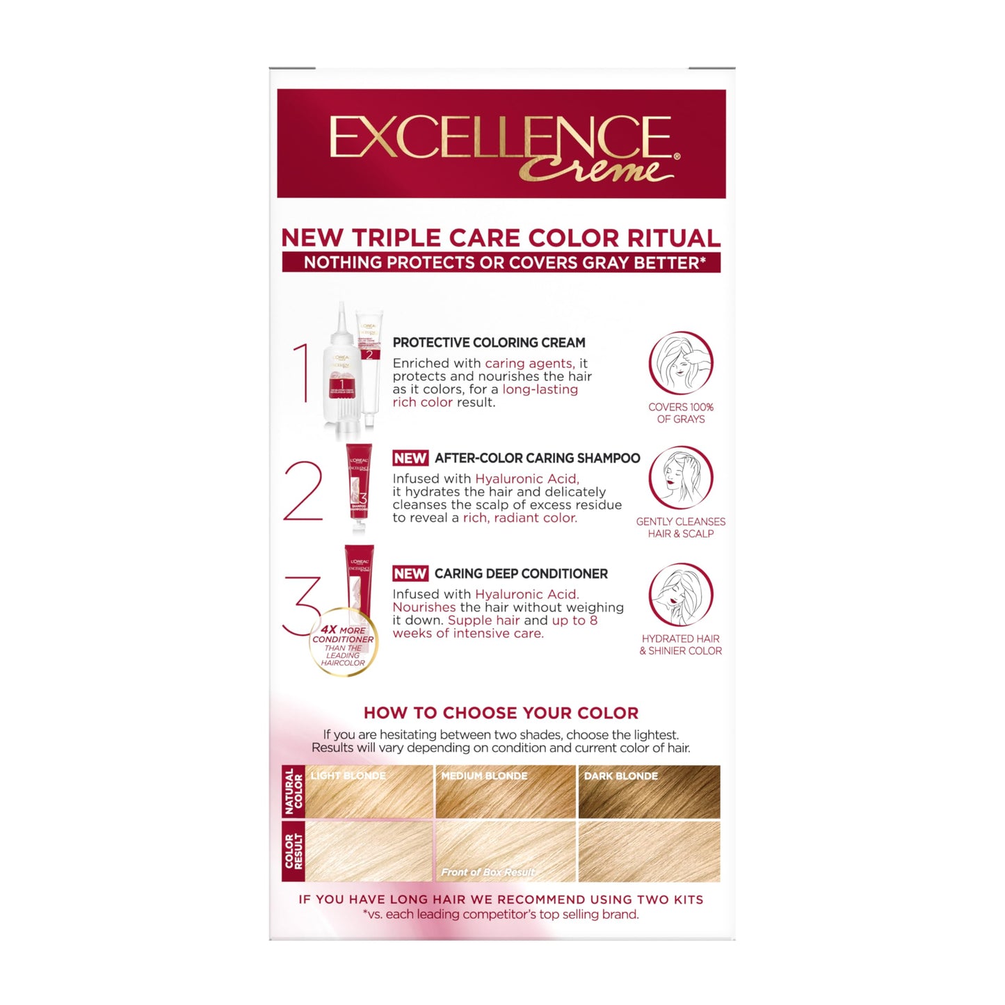 L'Oreal Paris Excellence Crème Permanent Hair Dye, Triple Care Hair Color with Hyaluronic Acid for 100% Gray Coverage, 4 Dark Brown, 1 Kit (Packaging May Vary)