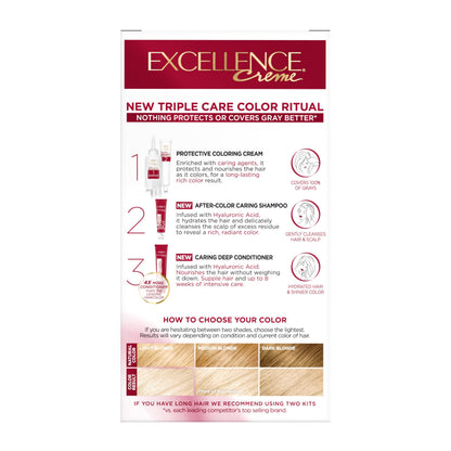L'Oreal Paris Excellence Crème Permanent Hair Dye, Triple Care Hair Color with Hyaluronic Acid for 100% Gray Coverage, 4 Dark Brown, 1 Kit (Packaging May Vary)