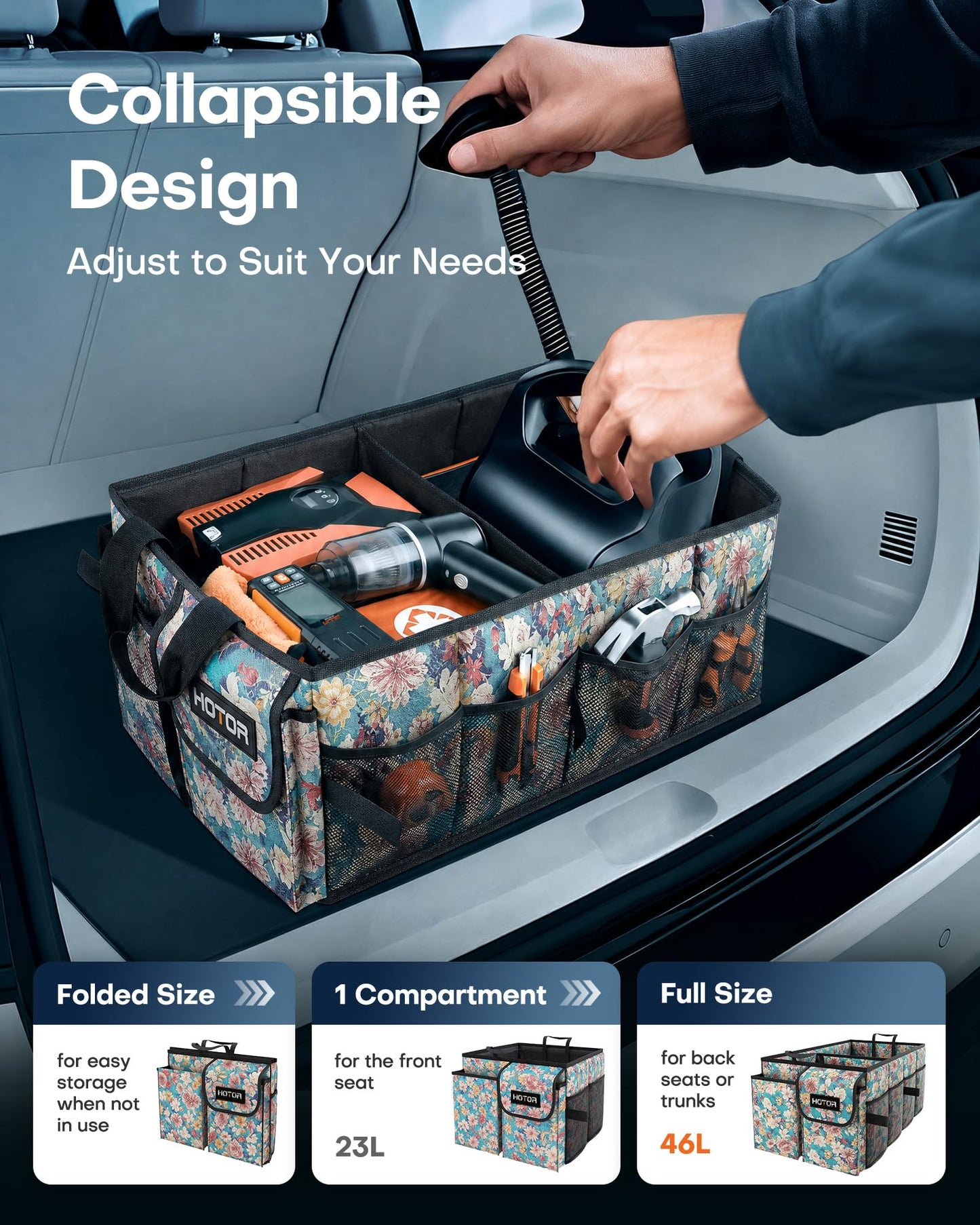 HOTOR Trunk Organizer - Foldable Car Organizer for SUVs & Sedans Storage