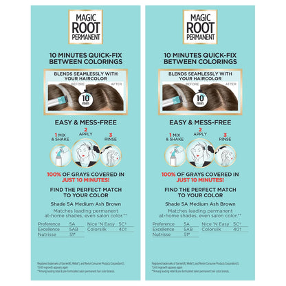 L'Oreal Paris Magic Root Permanent Hair Color Kit, 100% Gray Hair Coverage In Just 10 Minutes, Precision Brush Applicator for Seamless Application, 4 Dark Brown (2 Count)