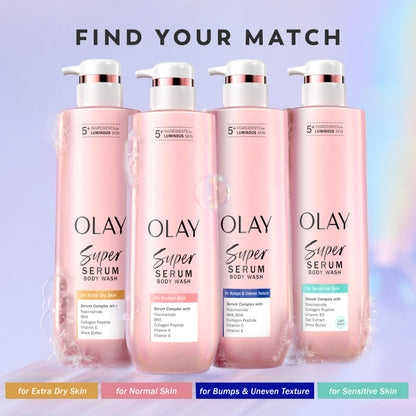 Olay Super Serum Body Wash for Extra Dry Skin, 24hr Long Lasting Rich Hydration, 5+ Ingredient Complex for Bright, Even, Firm, & Luminous Skin, with Collagen Peptide, Vitamin C & Shea Butter, 20 fl oz