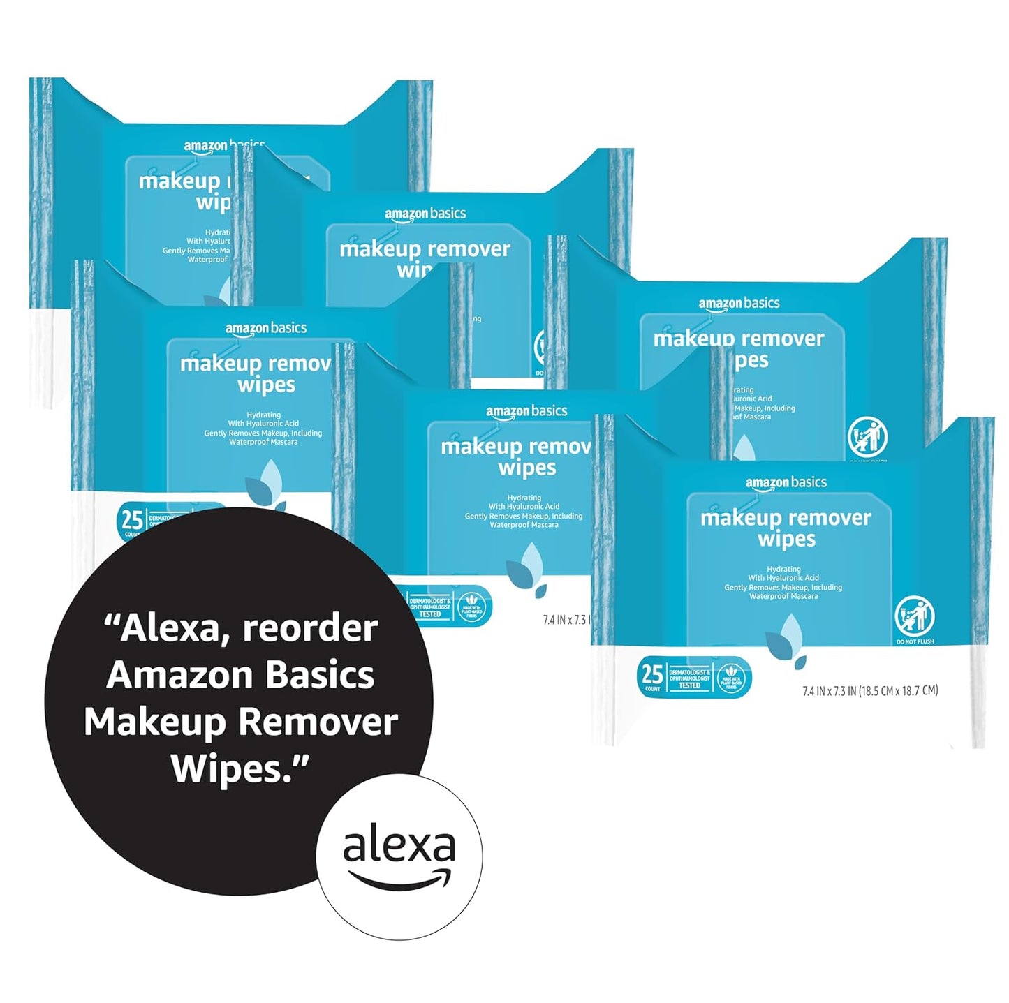 Amazon Basics Makeup Remover Wipes, Fragrance-Free, Alcohol-Free, Gentle Cleansing, Plant-Based, Dermatologist Tested, Removes Waterproof Mascara, Resealable, 25 Count, 1-Pack