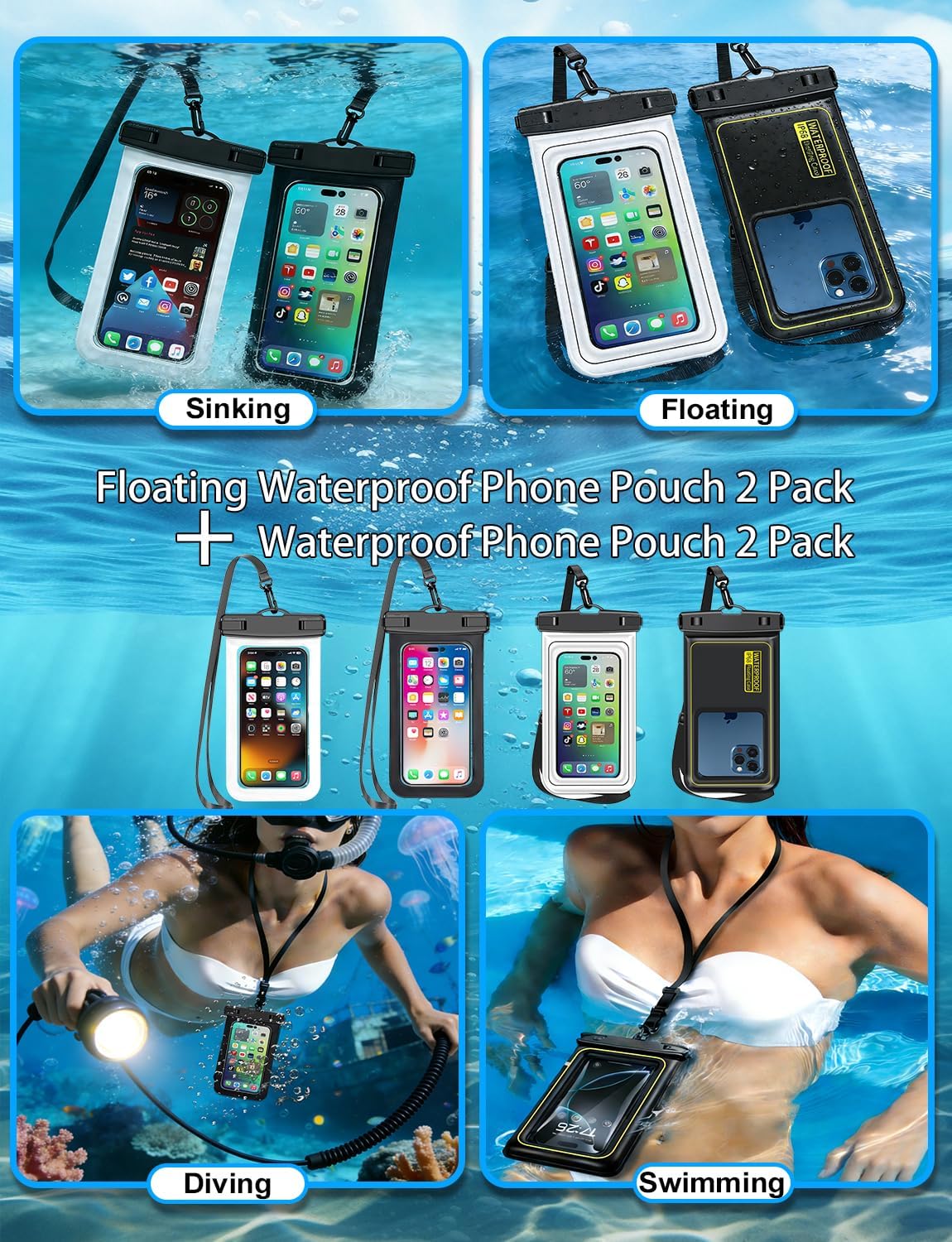 Waterproof Phone Pouch,2 Pack Black White Phone Waterproof Case,Cell Phone Dry Bag,Protection Level: IP68,Beach Cruise for Apple iPhone,Samsung,and More,Lanyard Included,(Fits Up to 8.3”),Black,White