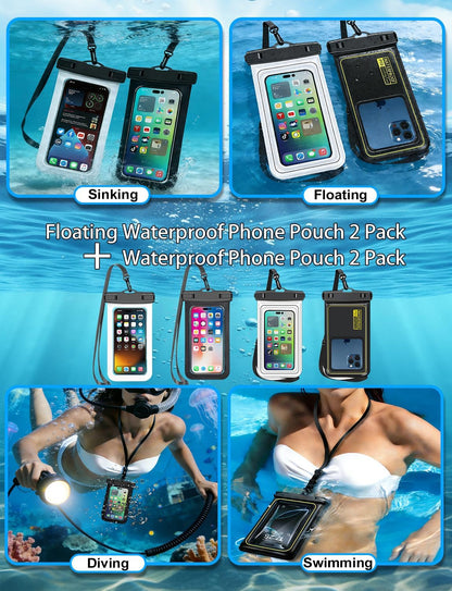 Waterproof Phone Pouch,2 Pack Black White Phone Waterproof Case,Cell Phone Dry Bag,Protection Level: IP68,Beach Cruise for Apple iPhone,Samsung,and More,Lanyard Included,(Fits Up to 8.3”),Black,White