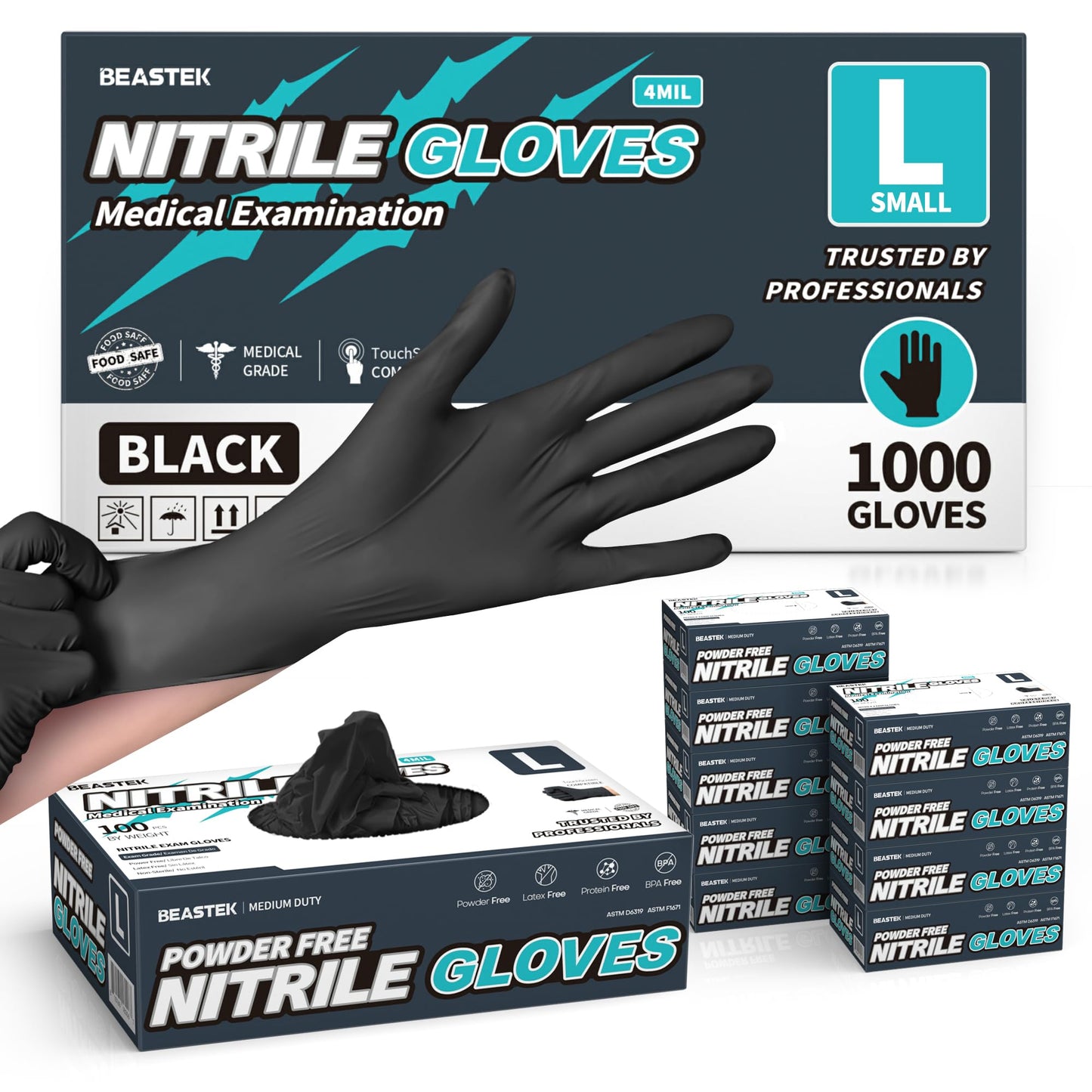 BEASTEK Black Nitrile Exam Gloves, 4 Mil, Powder-Free Food Prep Disposable