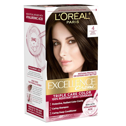 L'Oreal Paris Excellence Crème Permanent Hair Dye, Triple Care Hair Color with Hyaluronic Acid for 100% Gray Coverage, 4 Dark Brown, 1 Kit (Packaging May Vary)