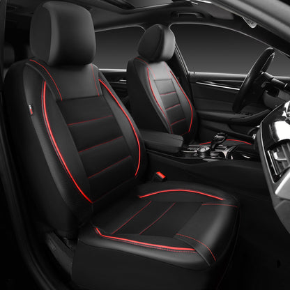 CAR PASS Universal FIT Piping Leather Car Seat Cover, for suvs,Van,Trucks,Airbag Compatible,Inside Zipper Design and Reserved Opening Holes (Full Set, Black and Red)
