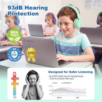 AILIHEN I35 Kids Headphones for School with Mic, 93dB Safe Volume, Orange