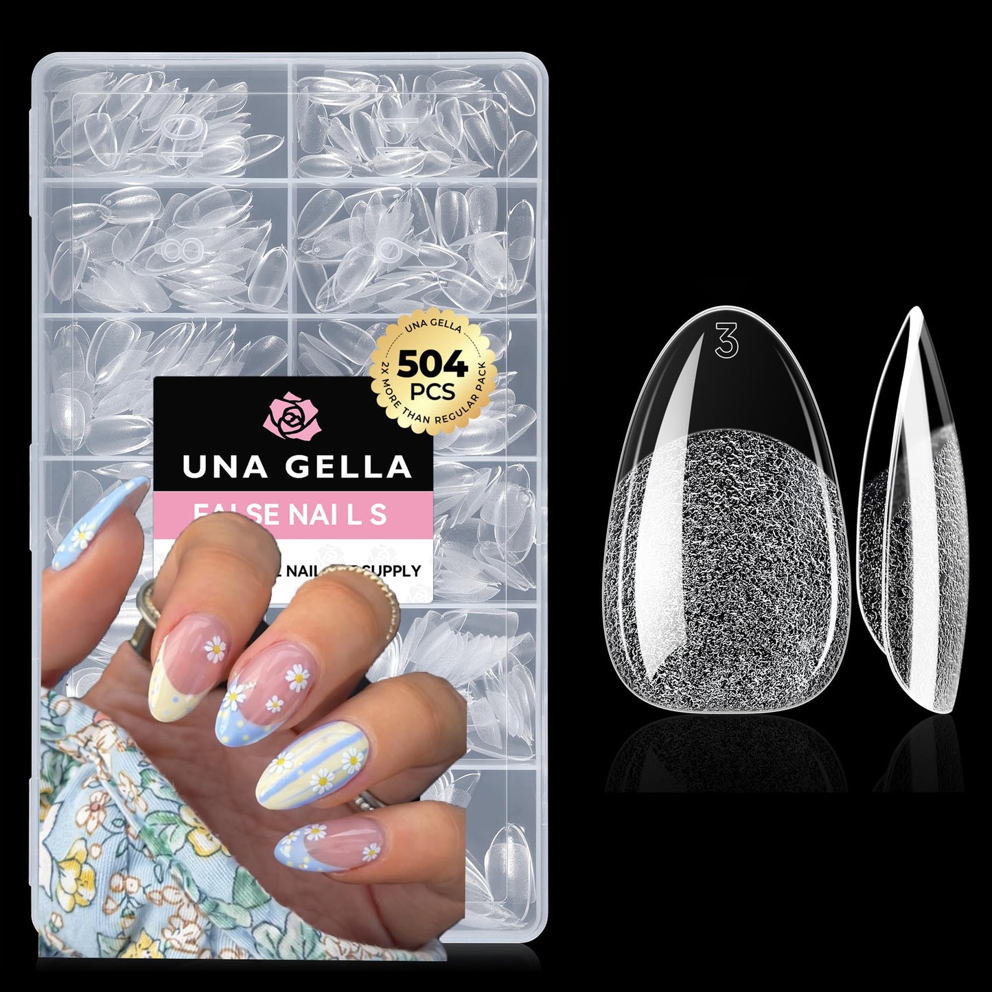 UNA GELLA 504Pcs Medium Pointed Almond Nail Tips, X-Soft Almond Gel Nails