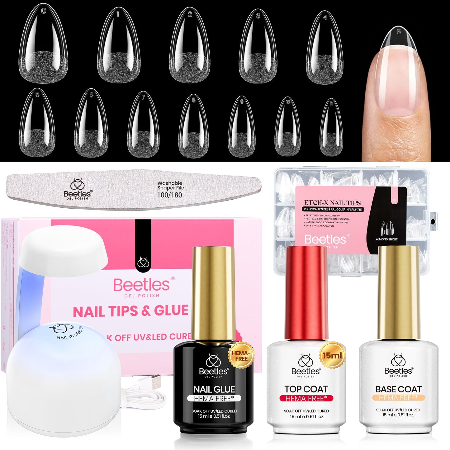 Beetles Soft Gel Nail Tips Short Almond 288pcs in 12 Sizes Etch-X