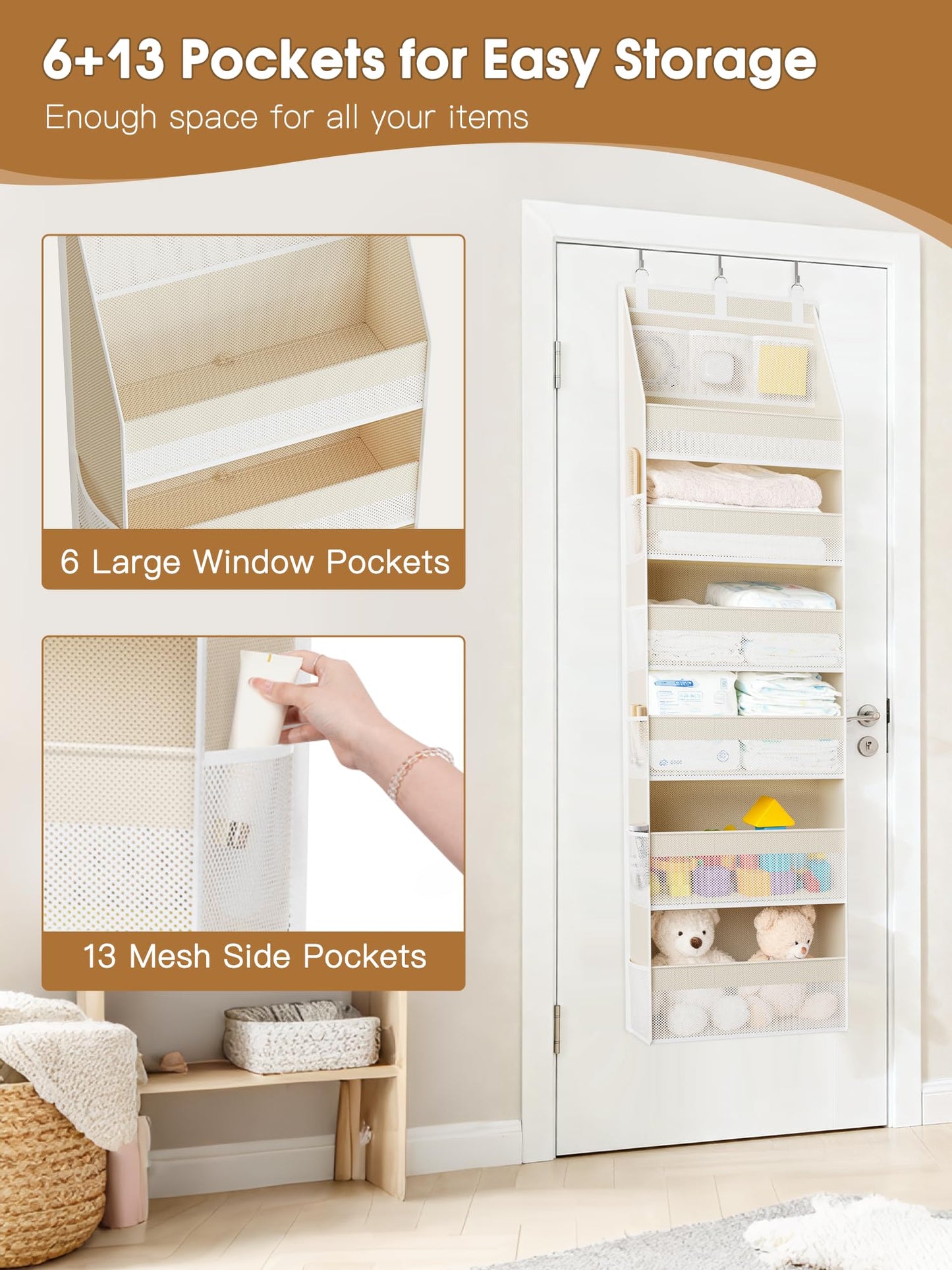 Criusia Over the Door Organizer, Heavy-Duty 6-Shelf Hanging Storage with 13 Mesh Pockets, 55lbs Capacity Behind the Door Storage for Nursery, Bathroom, Bedroom, and Dorm, White