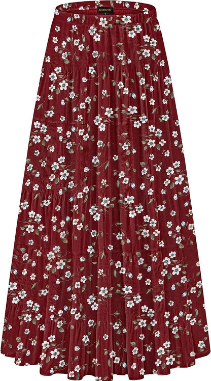 NASHALYLY Women's Chiffon Elastic High Waist Pleated A-Line Maxi Skirts