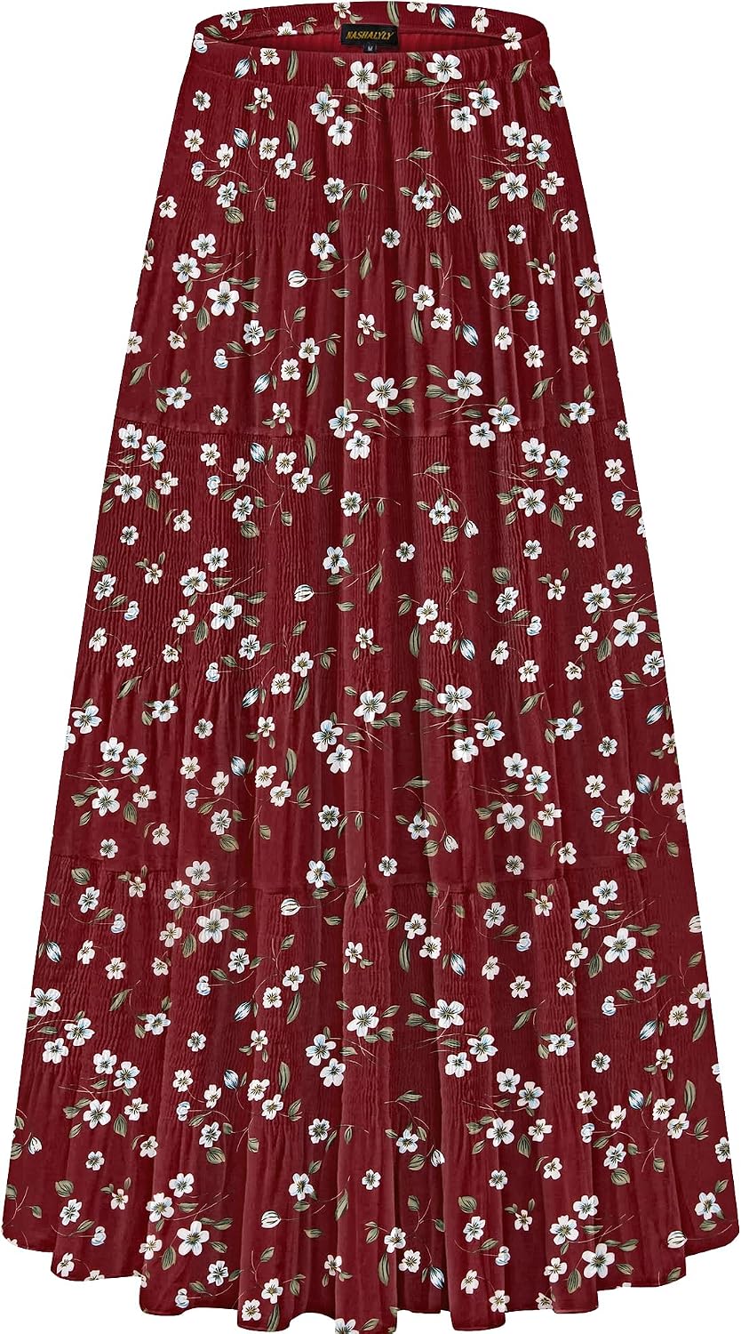 NASHALYLY Women's Chiffon Elastic High Waist Pleated A-Line Maxi Skirts