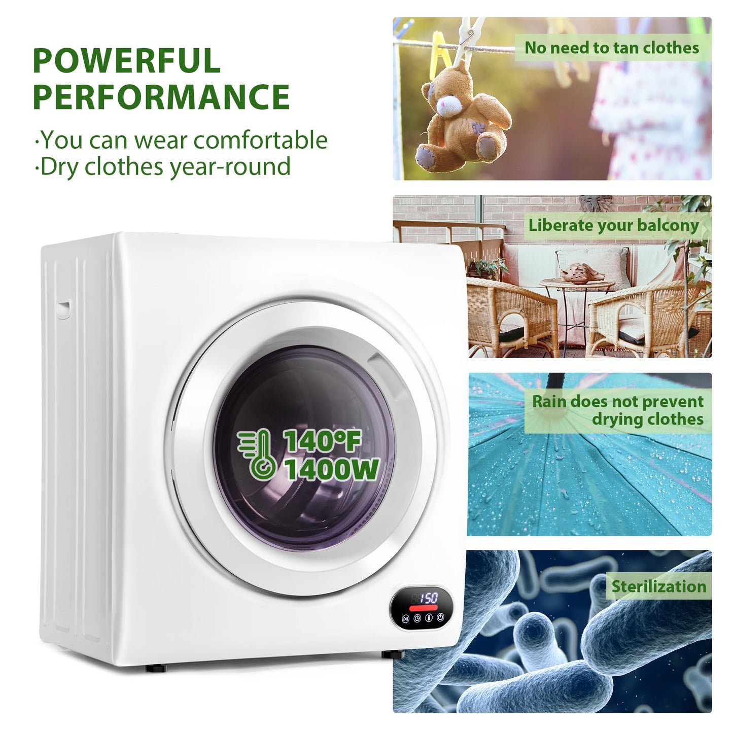 Euhomy Portable Clothes Dryer for Laundry, 1.5 Cu. Ft. Small Portable Dryers for Clothes, 120V Electric Dryer with Stainless Steel Drum, 850W Dryer Machine for Apartments, White