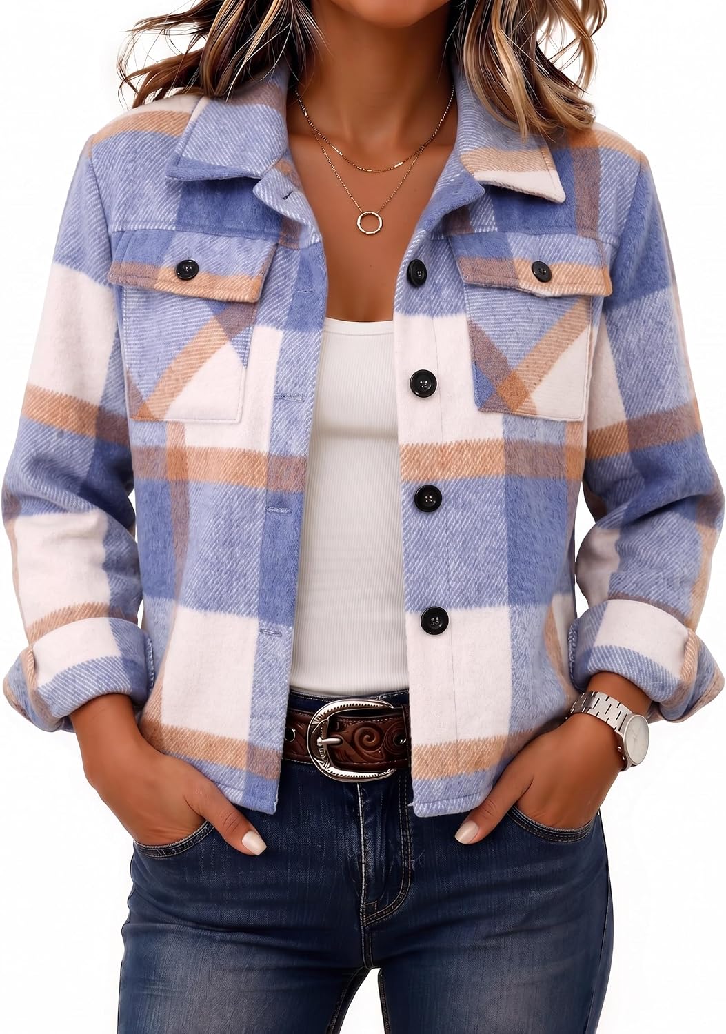 Zeagoo Flannels for Women Cropped Shacket Jacket Fashion Plaid Fall Coat