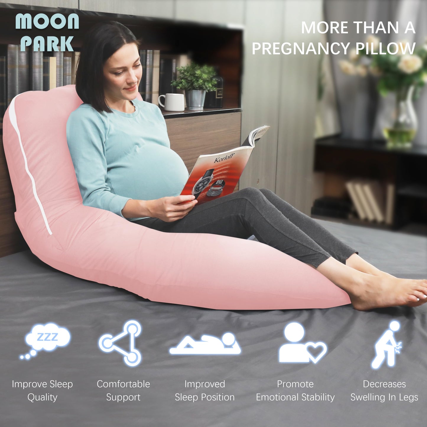 MOON PARK Pregnancy Pillows for Sleeping - U Shaped Full Body Maternity Pillow with Removable Cover - Support for Back, Legs, Belly, HIPS - 65 Inch - Aquamarine