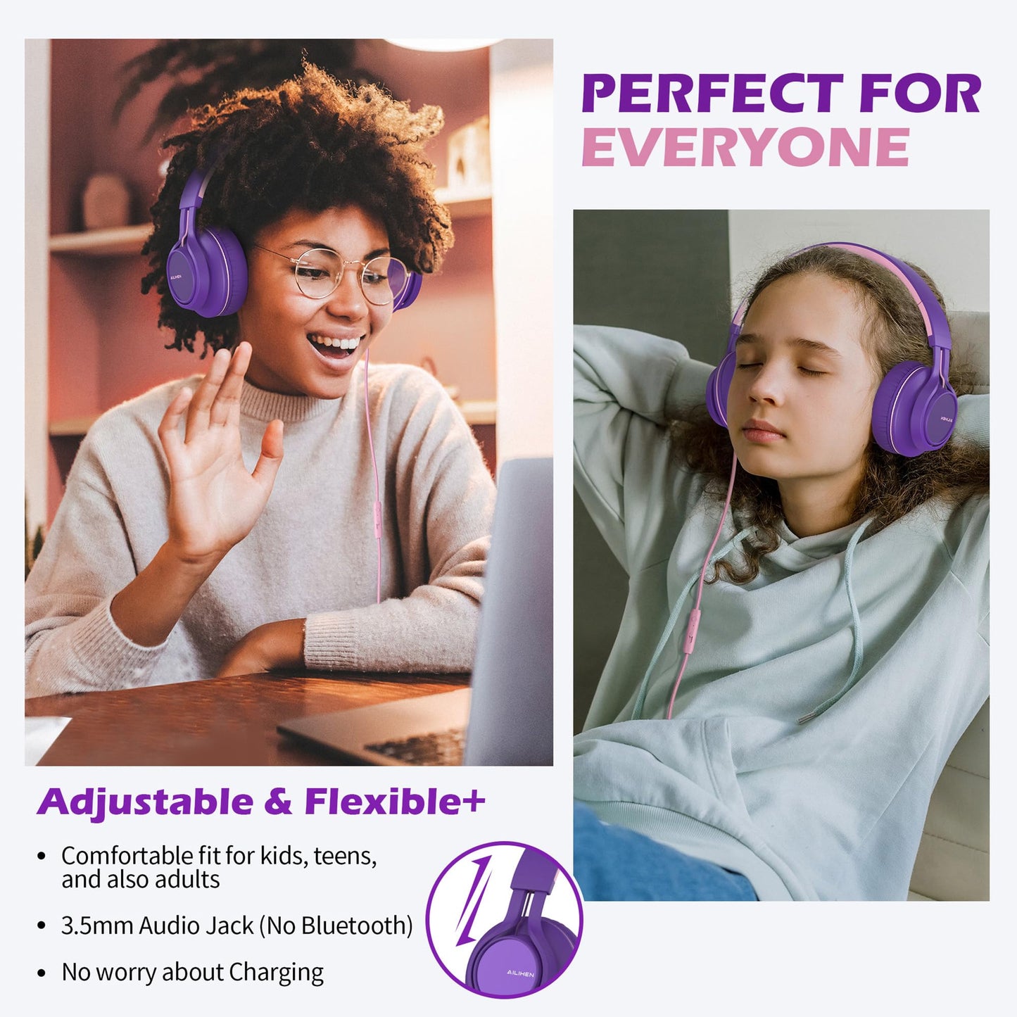 AILIHEN C8 Kids Wired Headphones with Mic for School, 3.5mm Jack, BlackBlue