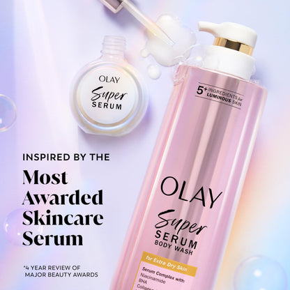Olay Super Serum Body Wash for Extra Dry Skin, 24hr Long Lasting Rich Hydration, 5+ Ingredient Complex for Bright, Even, Firm, & Luminous Skin, with Collagen Peptide, Vitamin C & Shea Butter, 20 fl oz