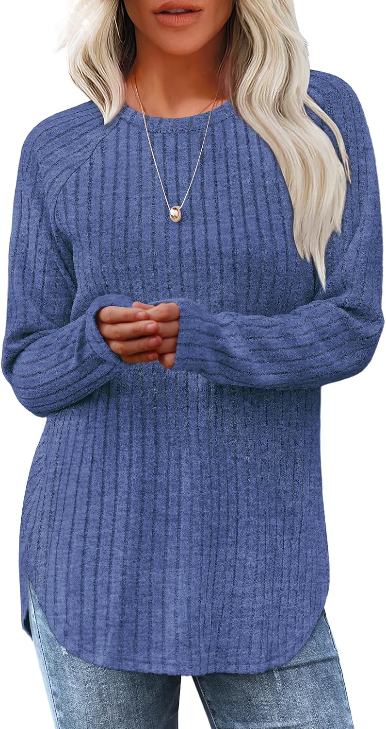 Saloogoe Long Sleeve Shirts for Women 2026 Fall Clothes Tunic Tops Loose Fit Dressy Crewneck Pullover Sweaters Curved Hem