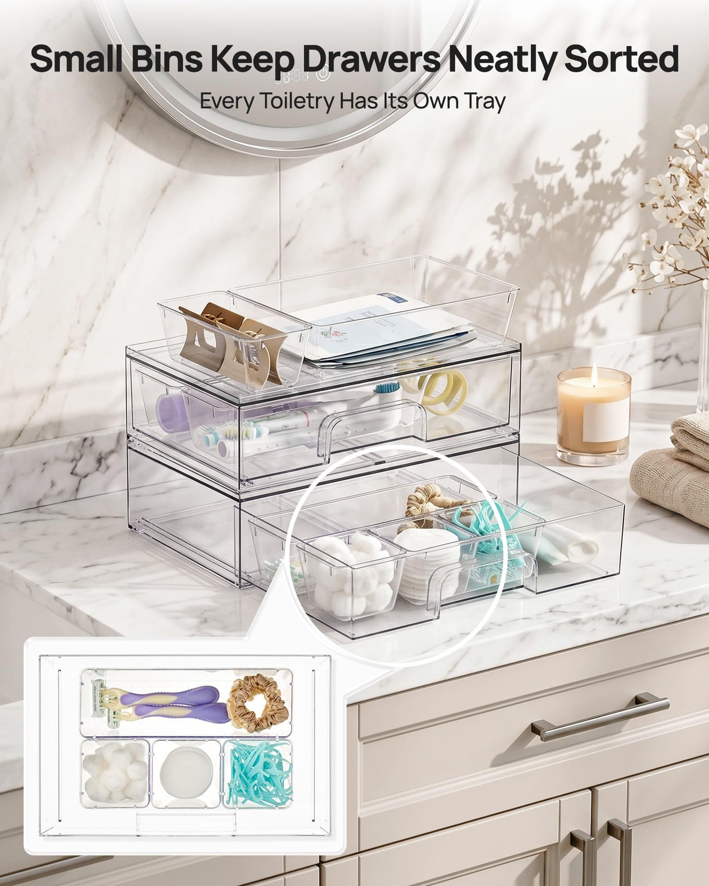 Vtopmart 2 Pack Small Clear Stackable Storage Drawers for Desk, Countertop