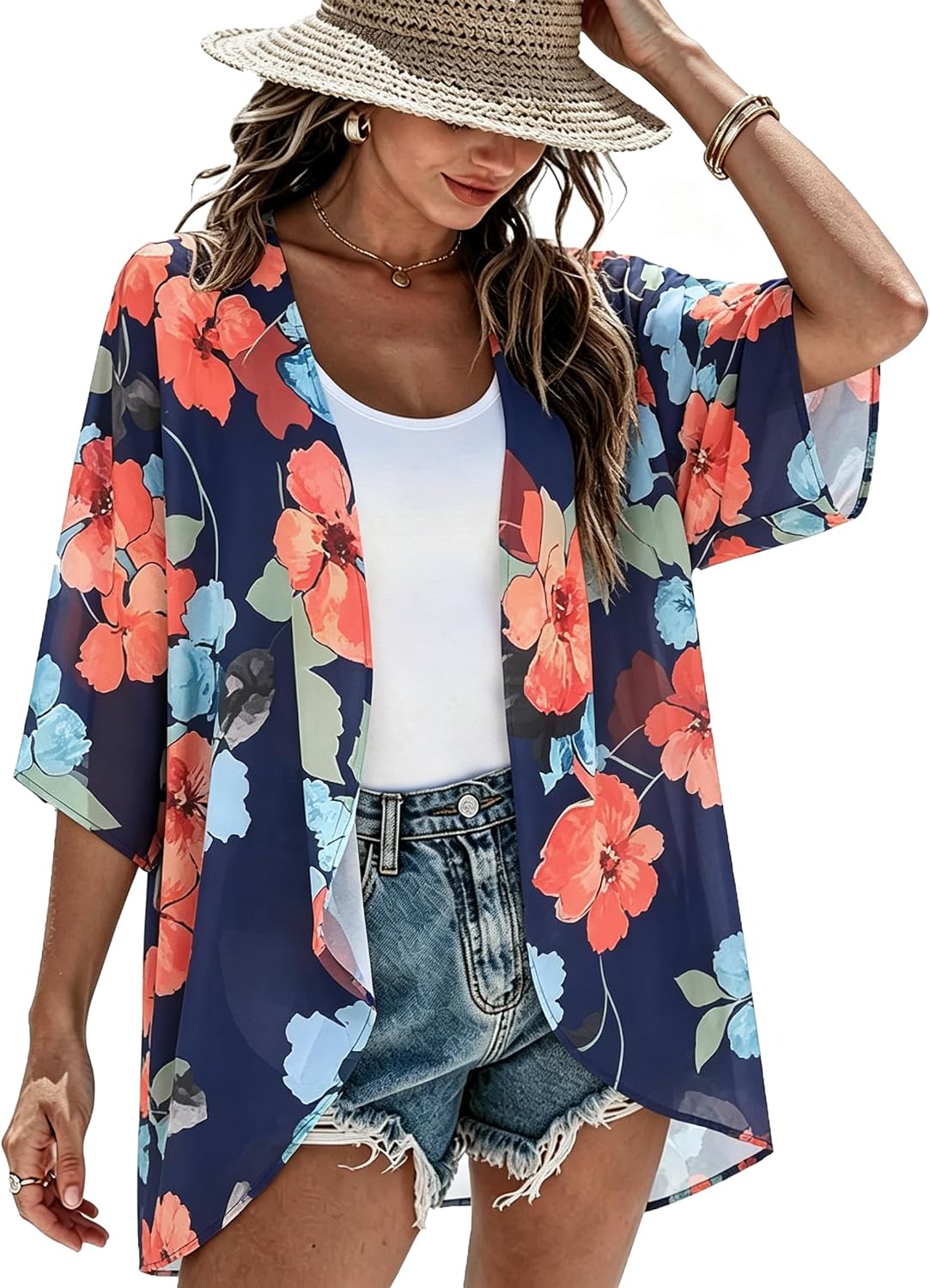 CHICGAL Womens Floral Kimono Cardigan Beach Cover Up Casual Summer Tops