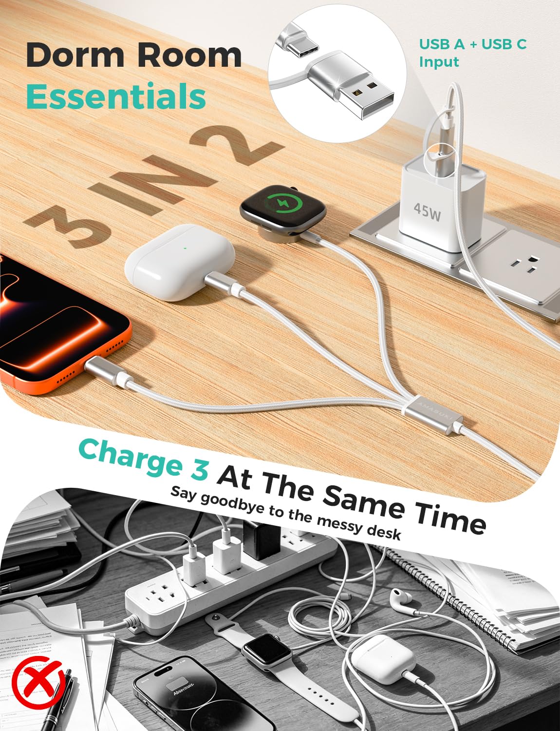 2026 Travel Essentials for Apple Watch Charger,Cruise Vacation Camping Essentials,iPhone Charger,Multi Charging Cable,3 in 2 Charging Docks for iWatch Series 11-2/Ultra,iPhone 17-12,Car