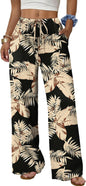 Sampeel Wide Leg Pants for Women Flowy Palazzo Drawstring Elastic Waist Trousers with Pockets Summer Beach Vacation Clothes