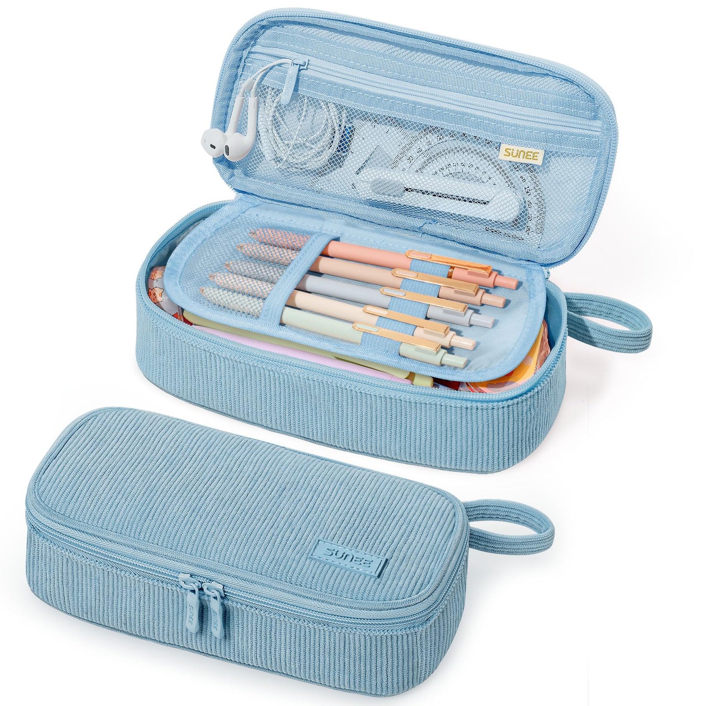 SUNEE Cute Pencil Case, Soft Corduroy Large Capacity Pencil Pouch, Aesthetic Zipper Pencil Bag, Big Storage Pen Organizer for Stationery, Pencil Box Back to School Supplies for Teen Girls Boys, Beige