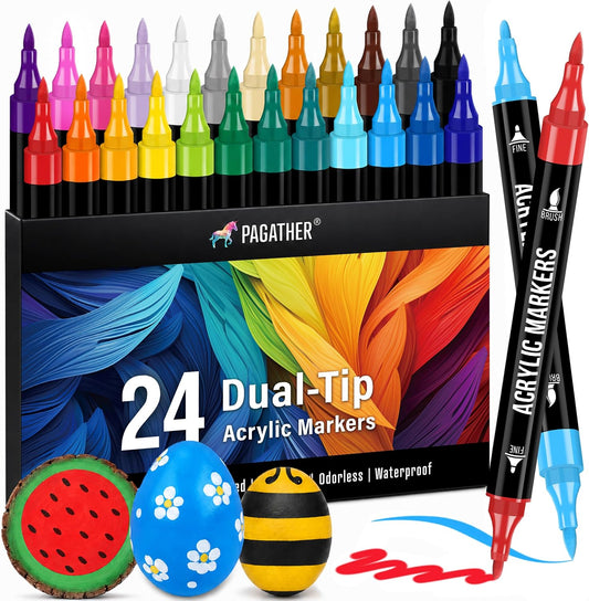 Pagather Acrylic Paint Markers, 24 Colors Dual Tip Fine & Brush Pens Set