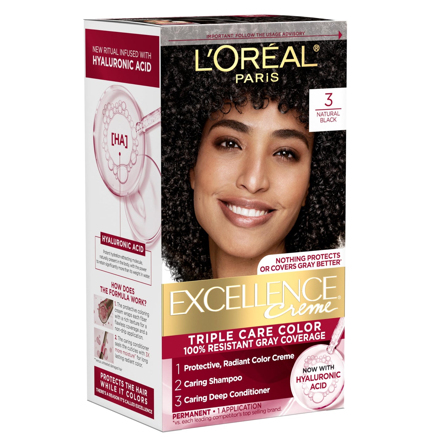 L'Oreal Paris Excellence Crème Permanent Hair Dye, Triple Care Hair Color with Hyaluronic Acid for 100% Gray Coverage, 4 Dark Brown, 1 Kit (Packaging May Vary)