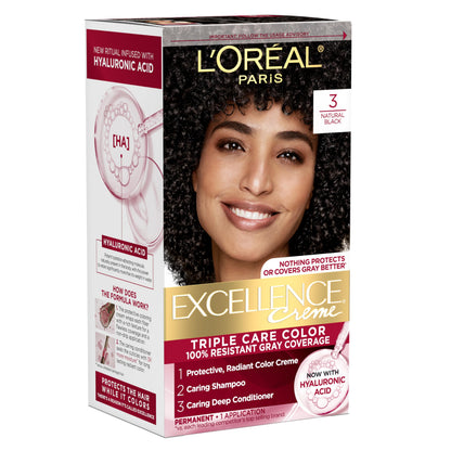 L'Oreal Paris Excellence Crème Permanent Hair Dye, Triple Care Hair Color with Hyaluronic Acid for 100% Gray Coverage, 4 Dark Brown, 1 Kit (Packaging May Vary)