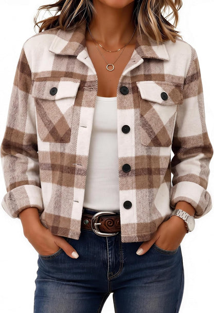 Zeagoo Flannels for Women Cropped Shacket Jacket Fashion Plaid Fall Coat