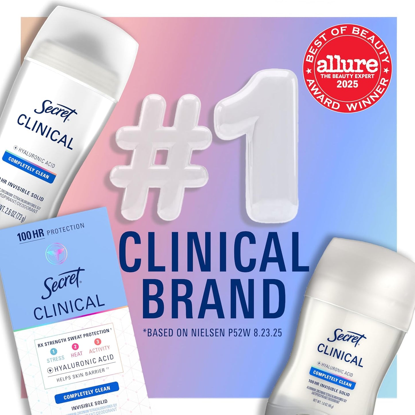 Secret Clinical Strength 100HR Sweat & Odor, Clear Gel Antiperspirant Deodorant for Women, 3X Stress Protection with Hyaluronic Acid, PH Balancing Minerals, Clear Lavender Scent, 2.6 oz