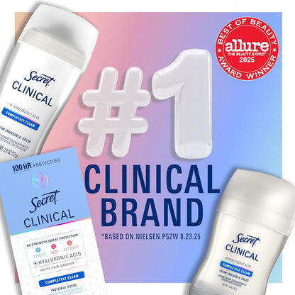 Secret Clinical Strength 100HR Sweat & Odor, Clear Gel Antiperspirant Deodorant for Women, 3X Stress Protection with Hyaluronic Acid, PH Balancing Minerals, Clear Lavender Scent, 2.6 oz
